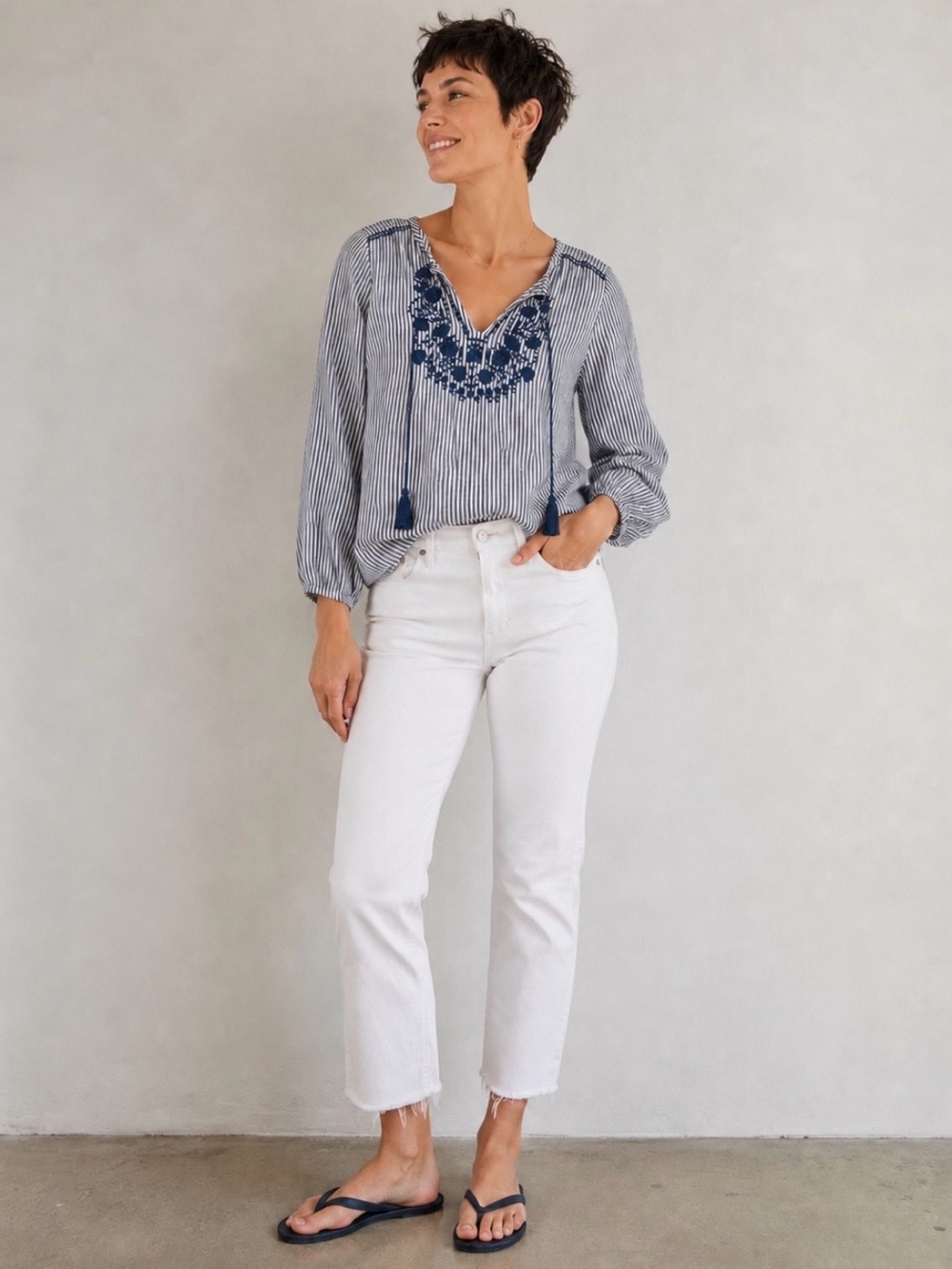 Women’s Blue & white Peasant top w/ vertical stripes.  Old Navy The Tunic Shirt